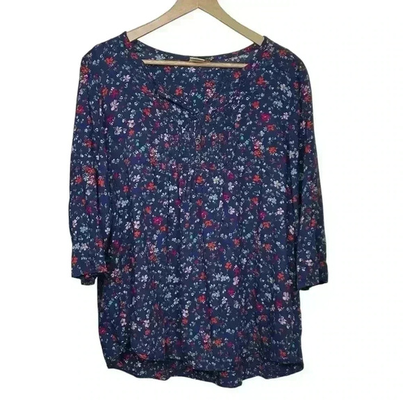 Faded Glory Blue 3/4 Sleeve Floral Top Womens Size XXL Flowy Feminine - Picture 1 of 6